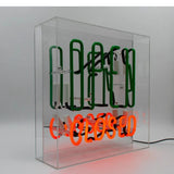 Neon luminoso in vetro “Open / Closed” con box acrilico