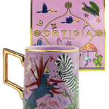 Tazza Ortigia in ceramica rosa decorata a mano con serigrafia oro