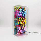 Neon luminoso in vetro “Bla Bla Bla” multicolore con box acrilico