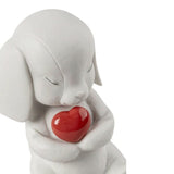 Porcelain sculpture "Buddy – Affectionate puppy" with red heart LLADRÓ